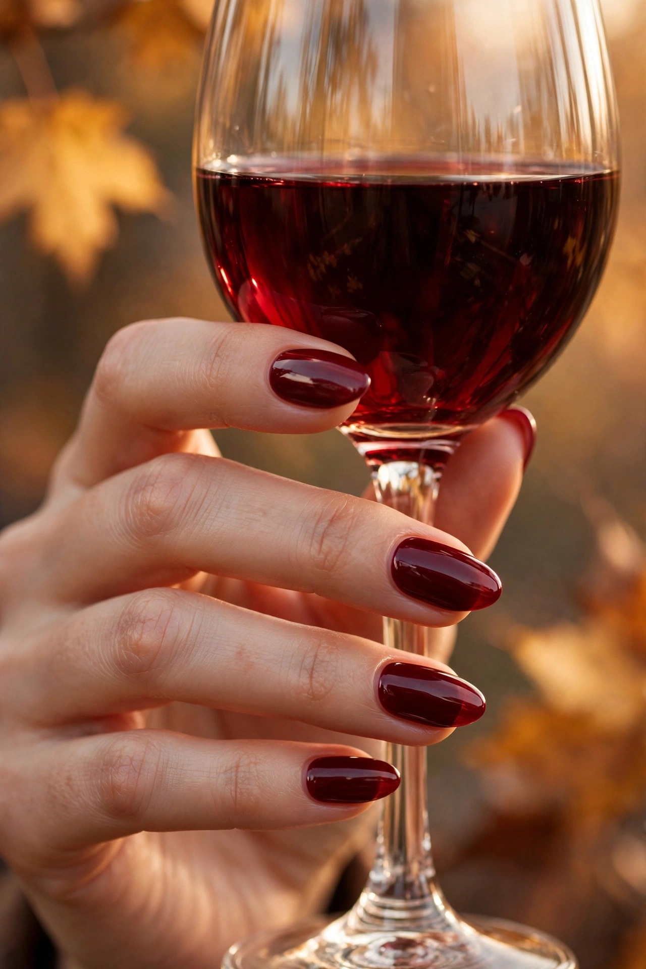 Glossy burgundy wine nails holding a glass of red wine in fall light