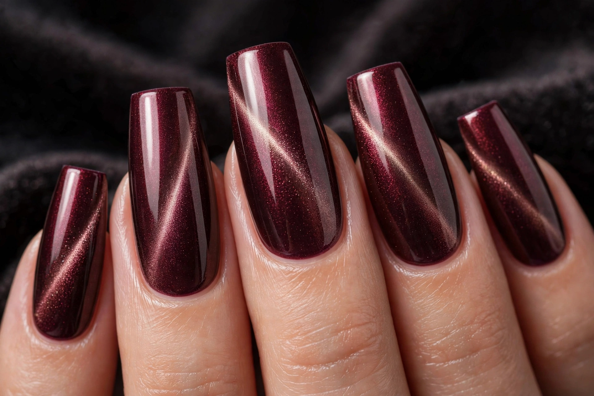 Burgundy wine nails with chrome cat-eye shimmer finish