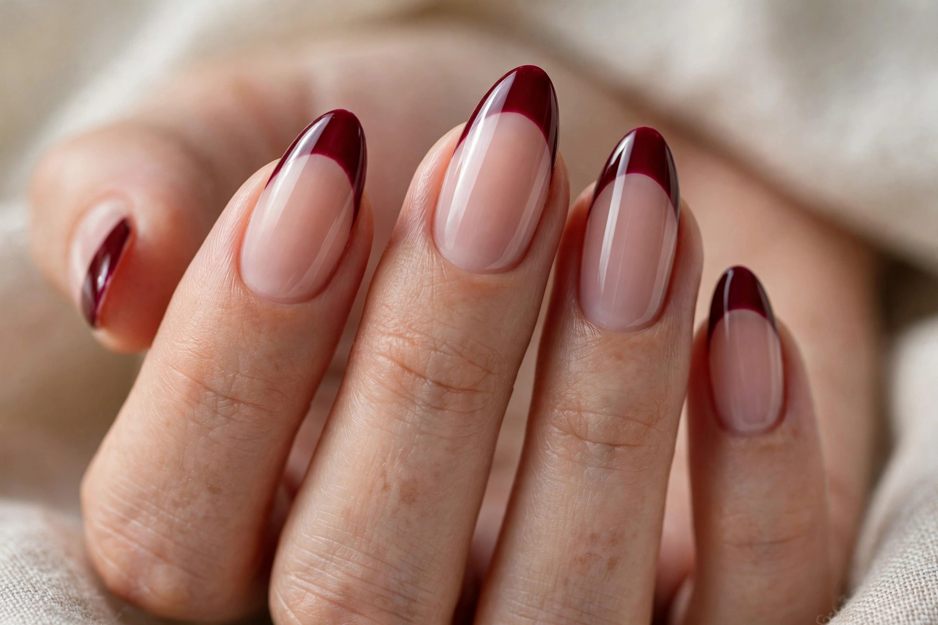 Burgundy wine nails French tip design on a nude base