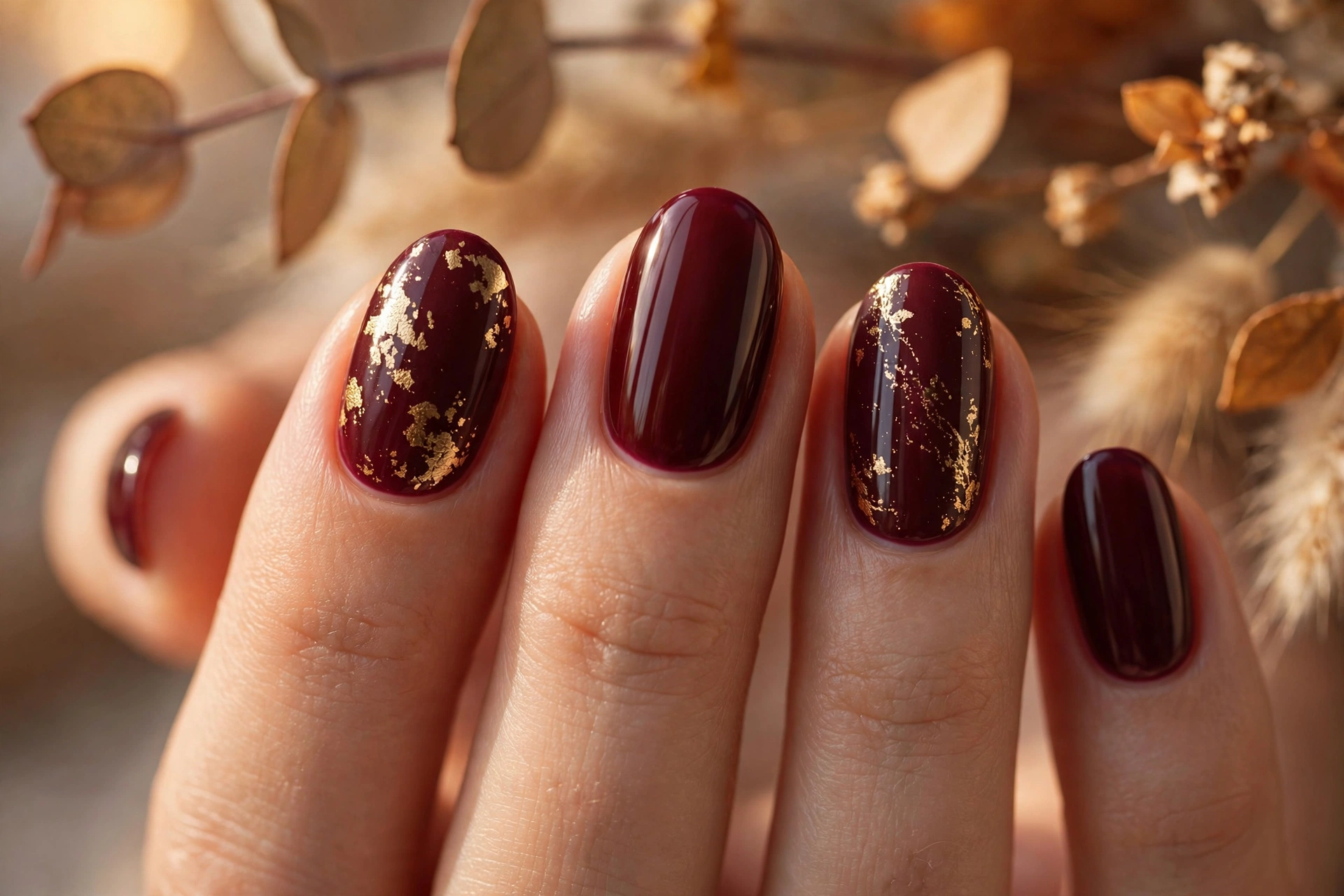 Burgundy wine nails with gold foil accent details