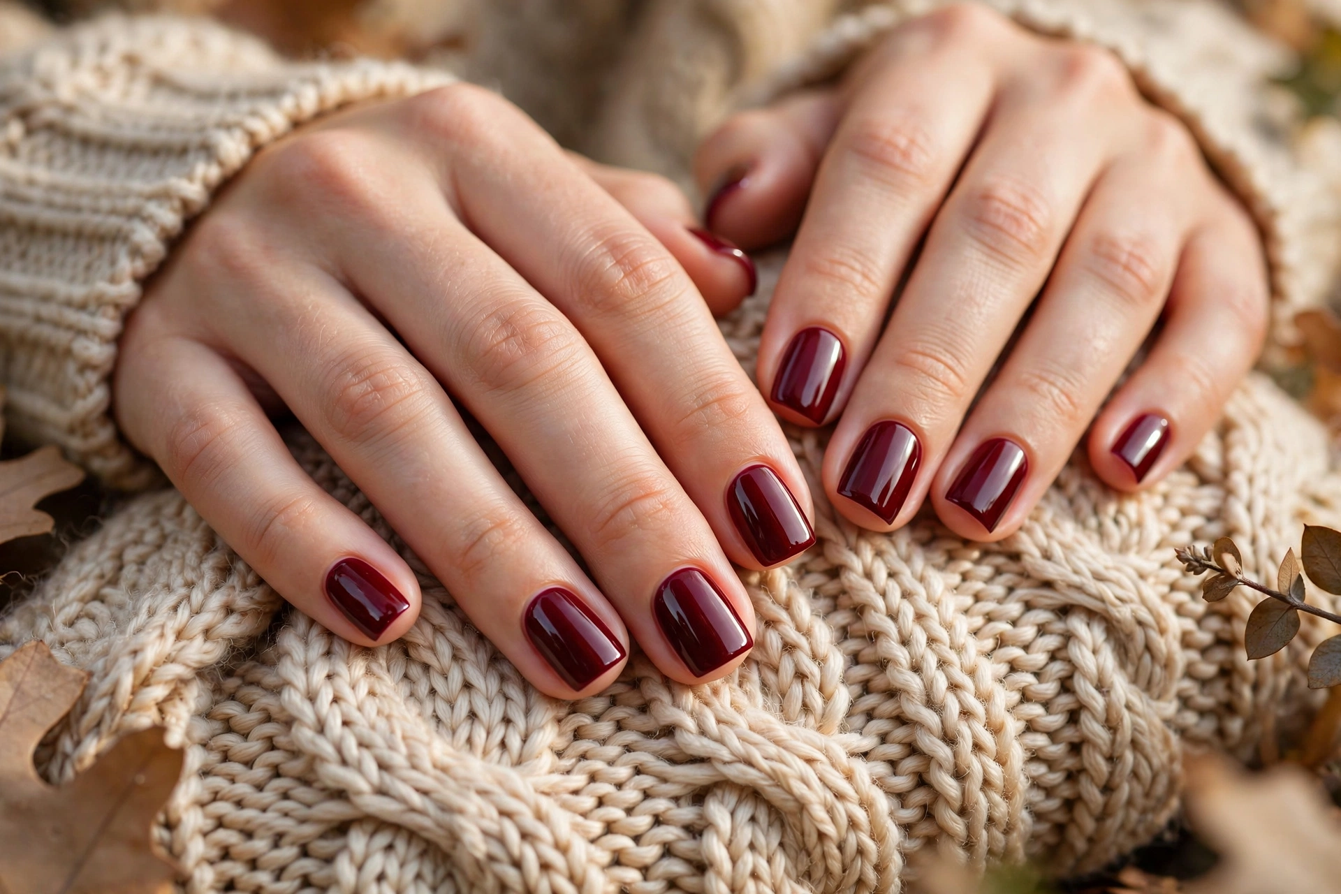 Short square burgundy wine nails resting on a cozy knitted sweater