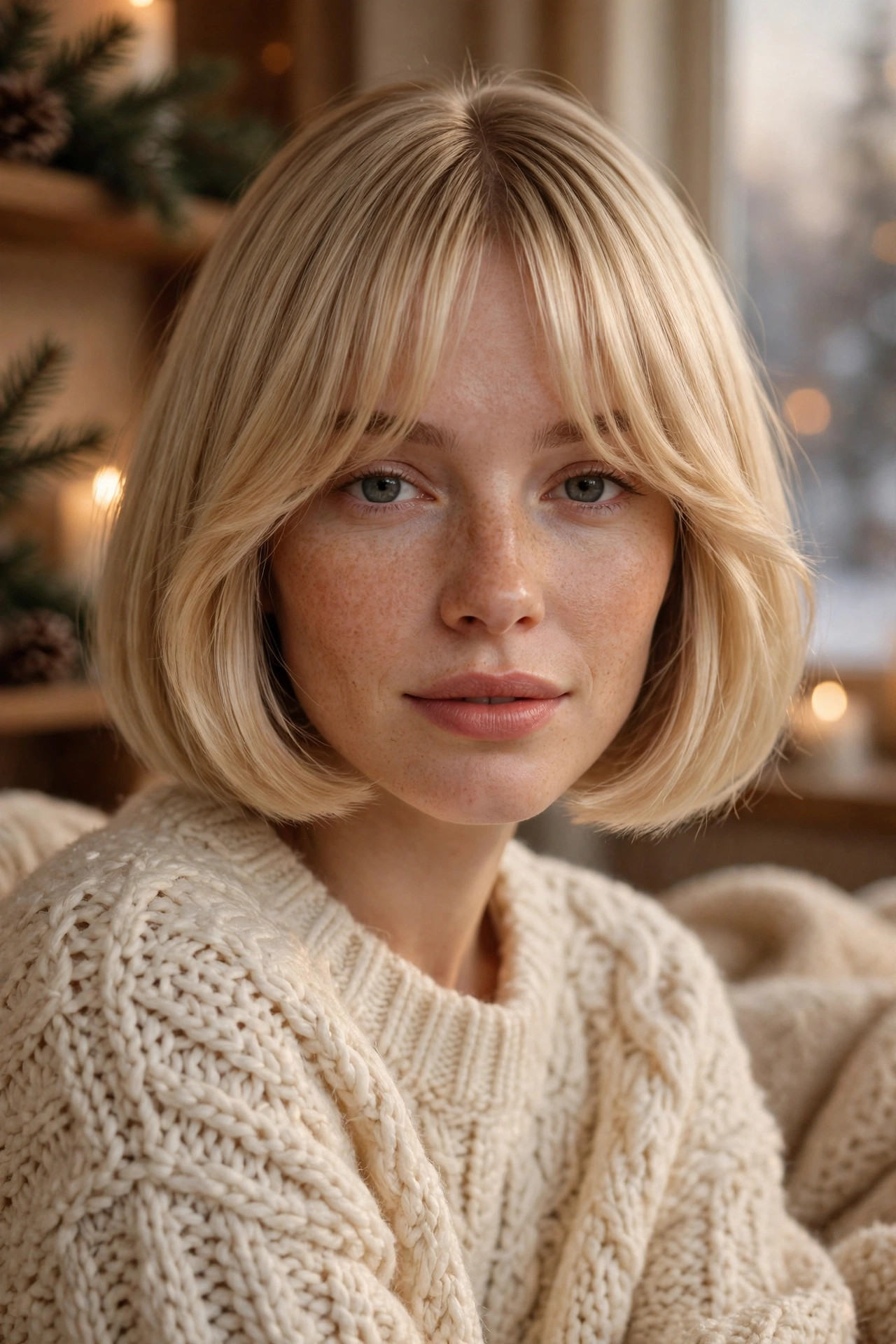 Soft blonde box bob with curtain bangs, a chic choice among winter hairstyles 2026