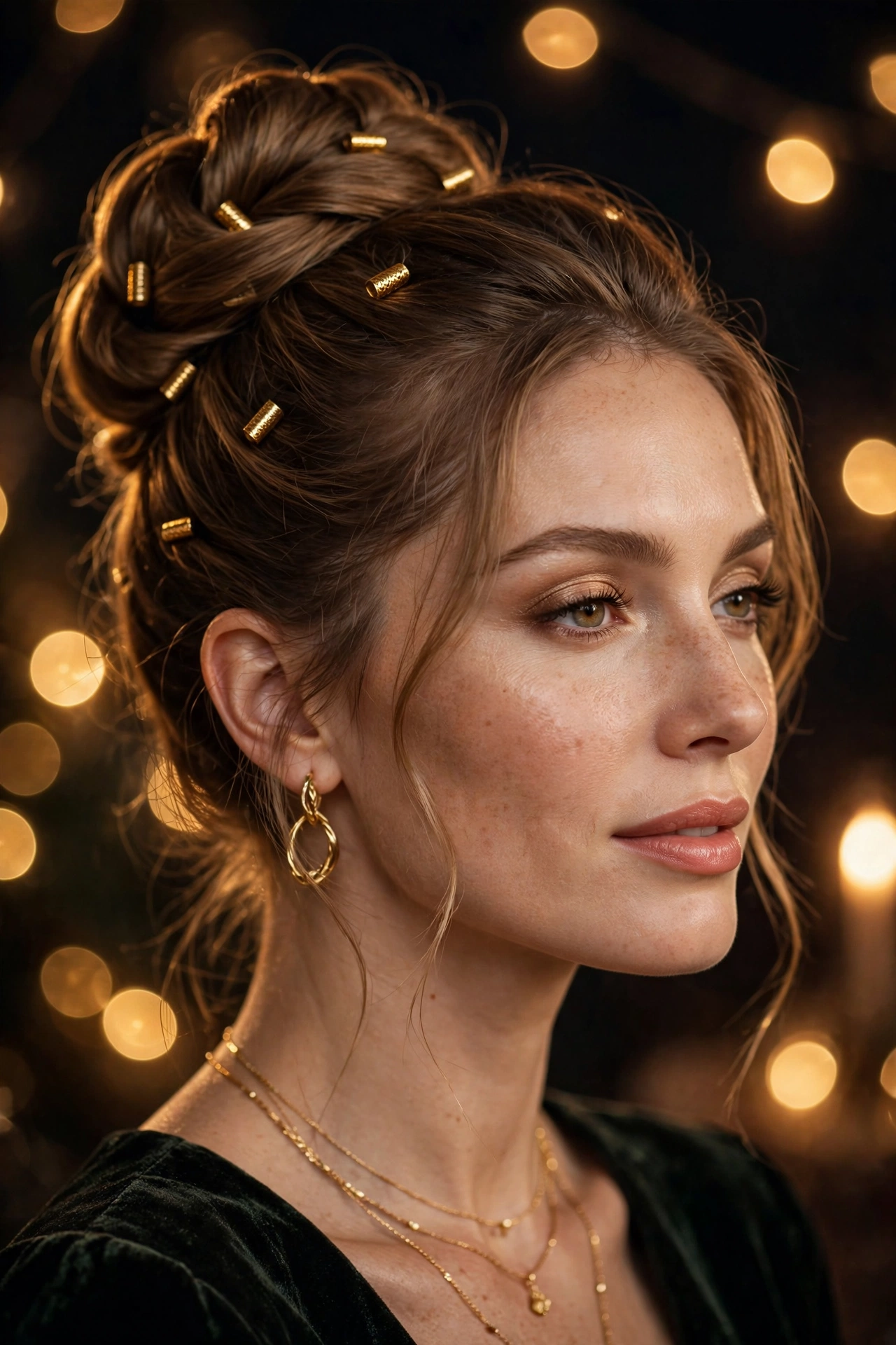 Princess bun updo with gold hair cuffs, an elegant party look among winter hairstyles 2026