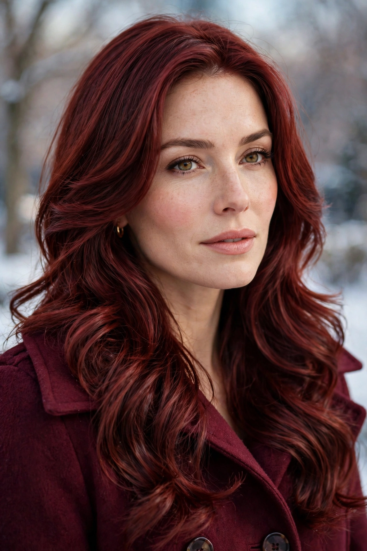 Cherry-cola hair color on long layered hair, a trending shade in winter hairstyles 2026