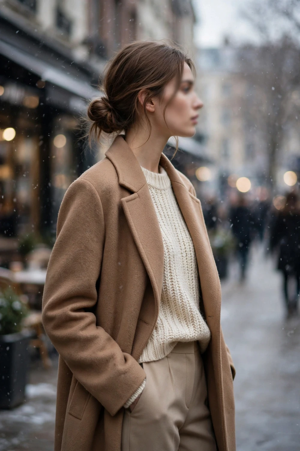 Classic camel coat and cream knit winter outfit