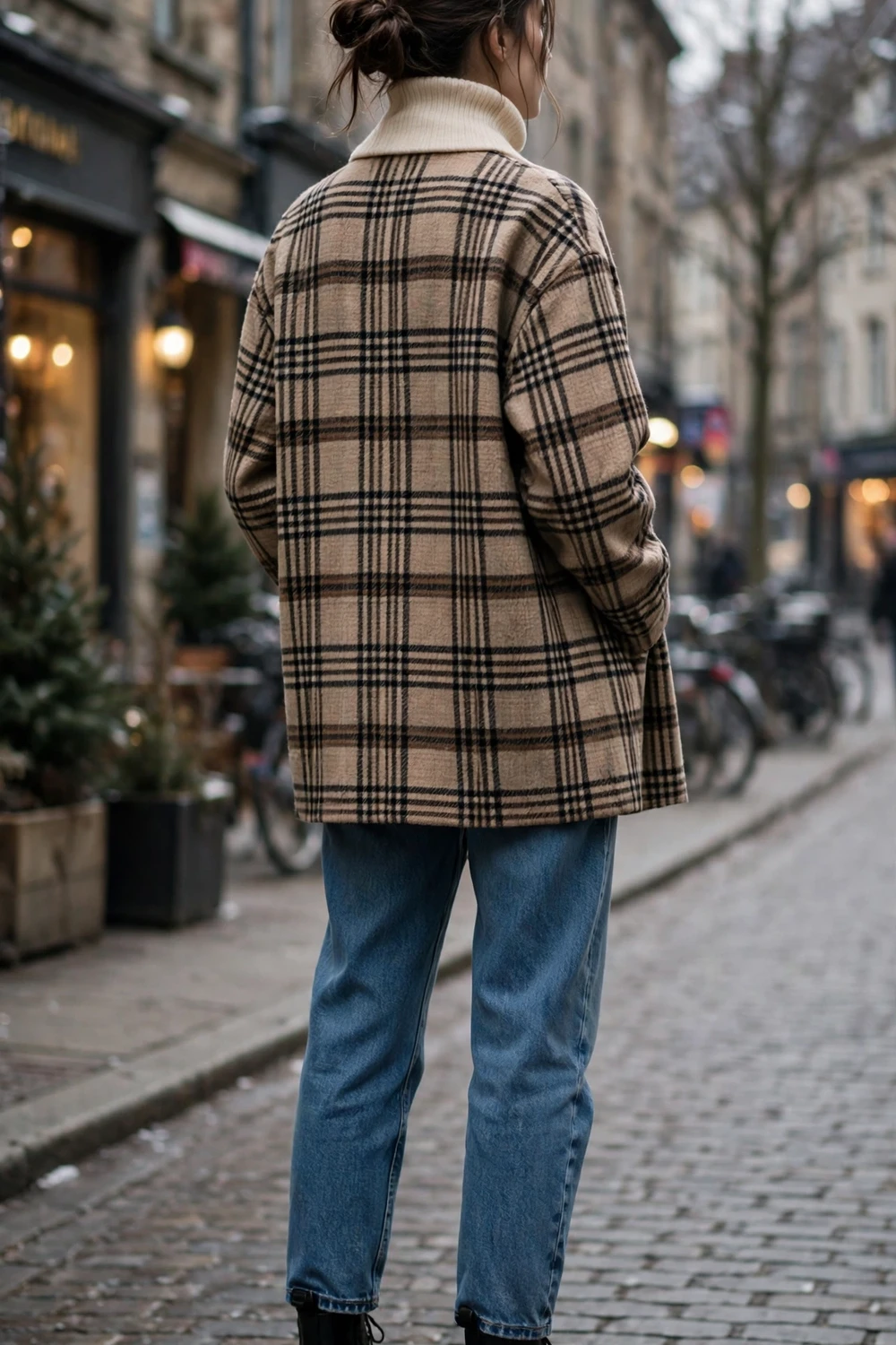 Cream turtleneck with plaid coat winter outfit