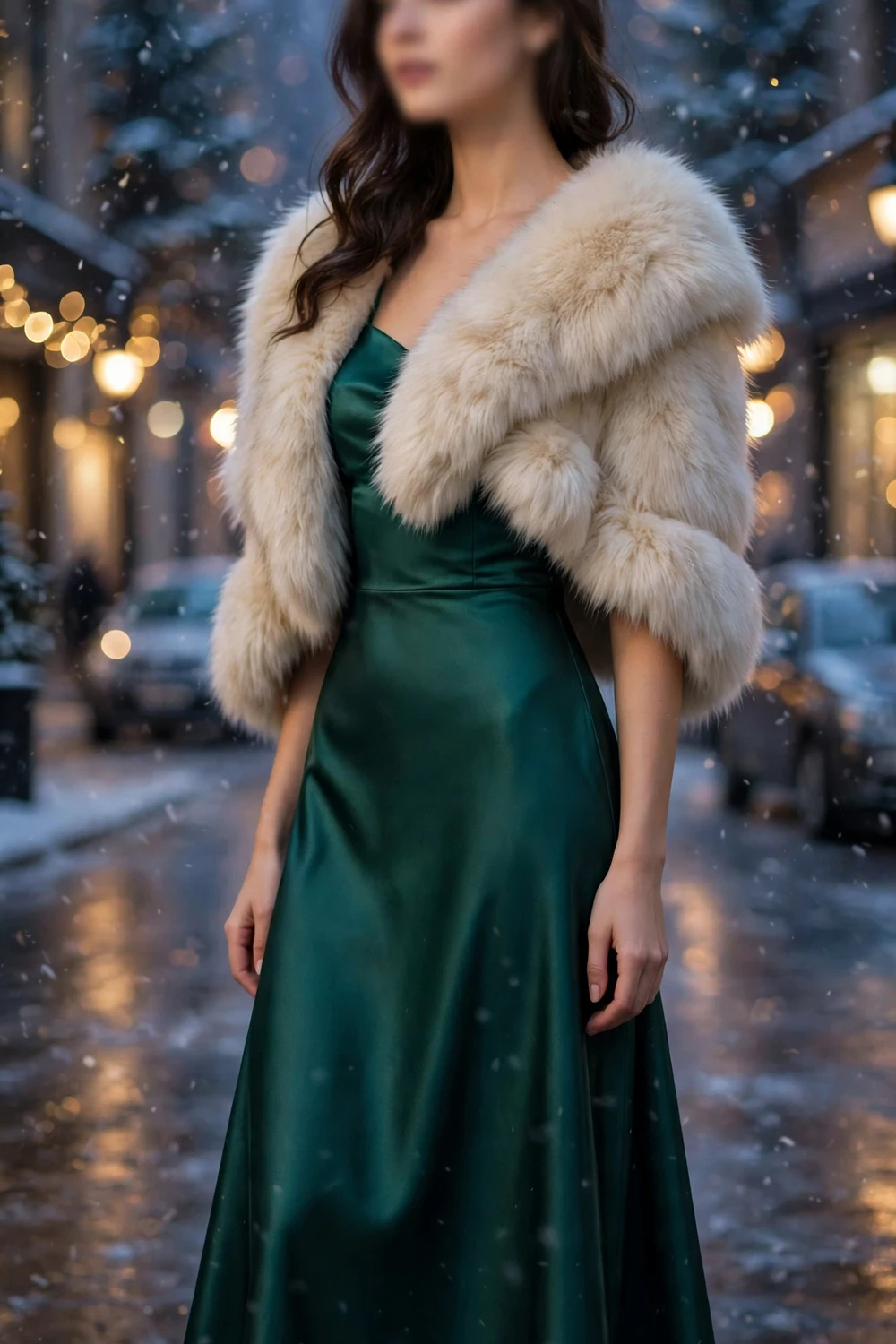 Emerald satin midi dress winter evening outfit