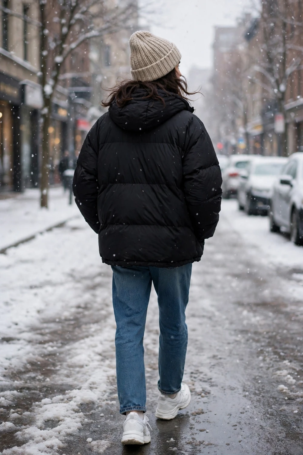 Casual weekend puffer jacket and denim winter outfit