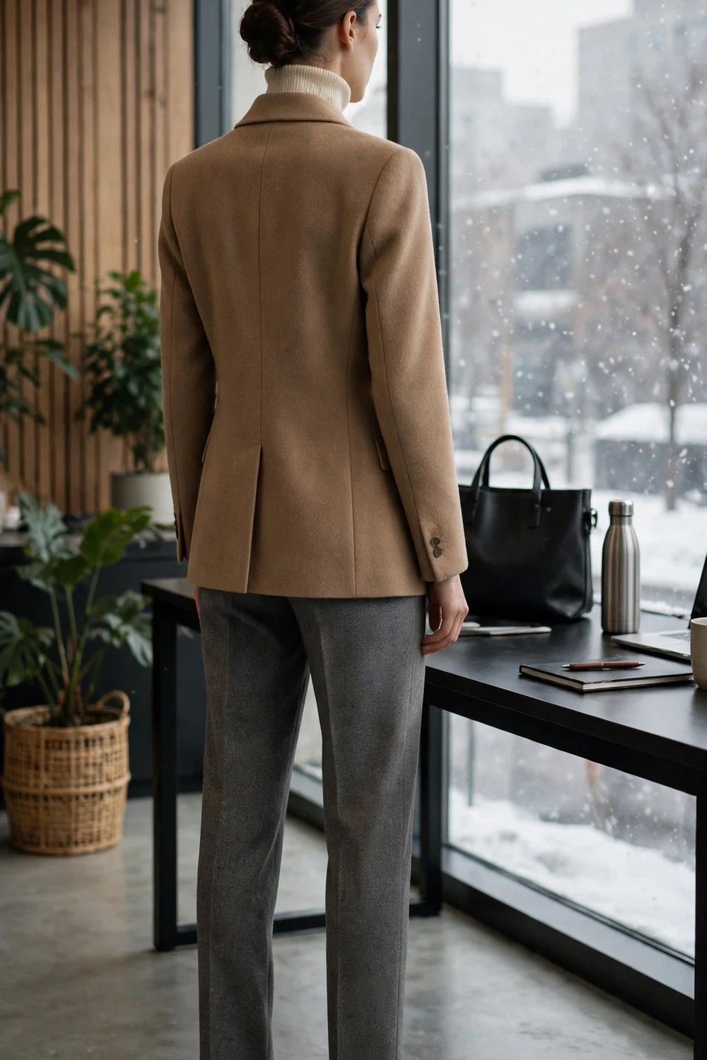 Office-ready blazer and wool trousers winter outfit