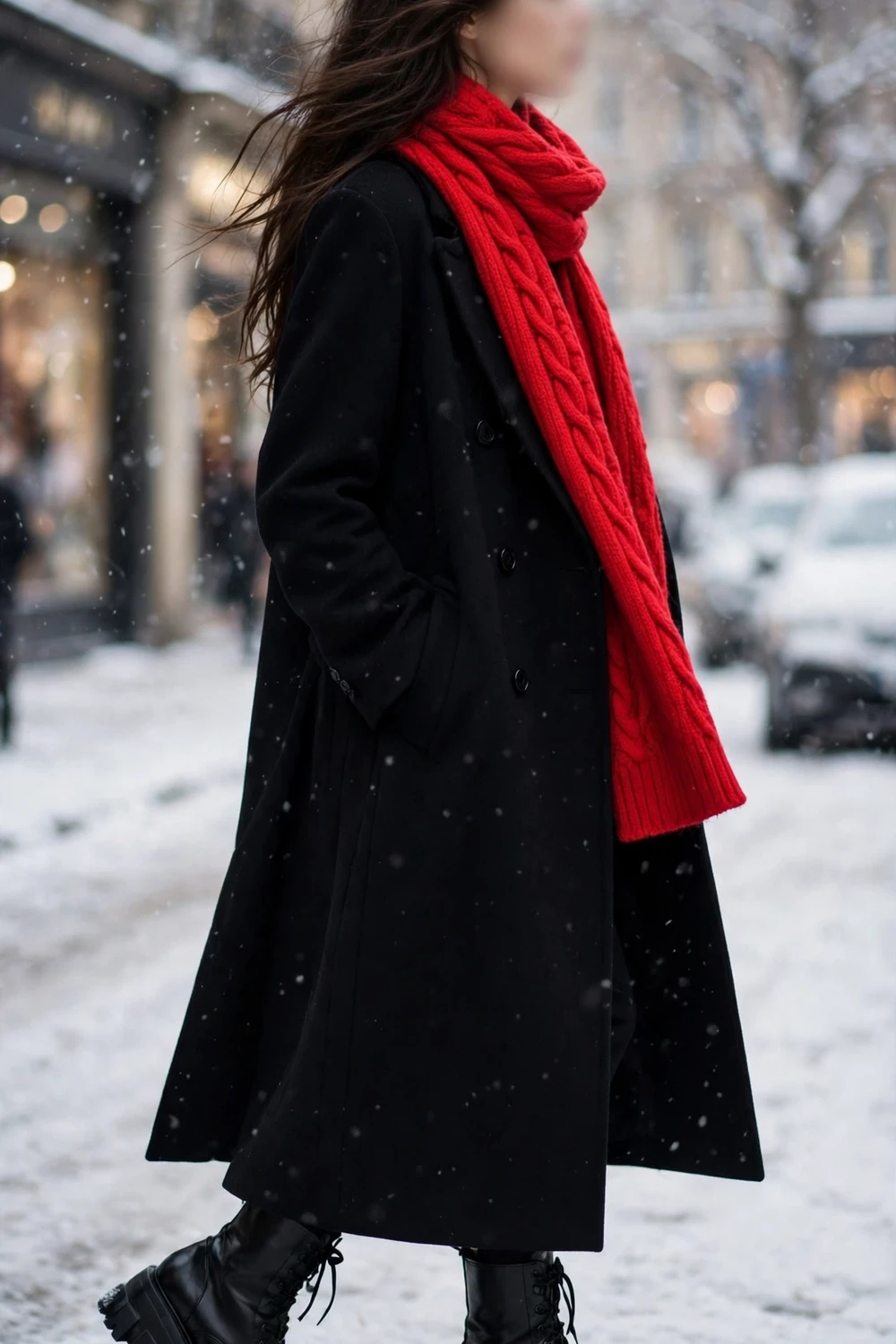 Black coat with red scarf and statement boots winter outfit