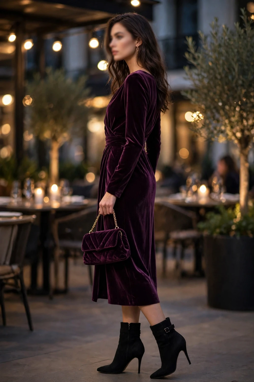 Date-night velvet dress and heeled boots winter outfit
