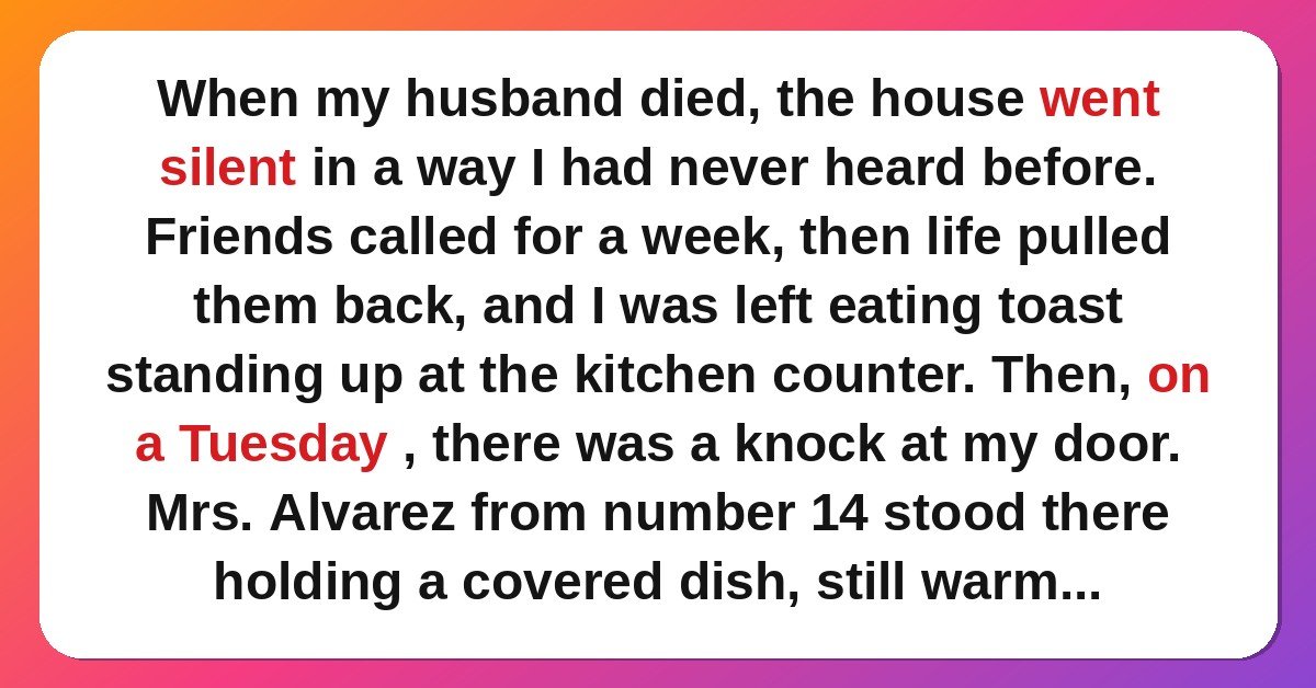 neighbour kindness stories - neighbour bringing a warm casserole to a grieving neighbour every Tuesday story card