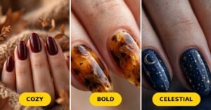 Fall nail ideas featured image with burgundy tortoiseshell and celestial nail art panels