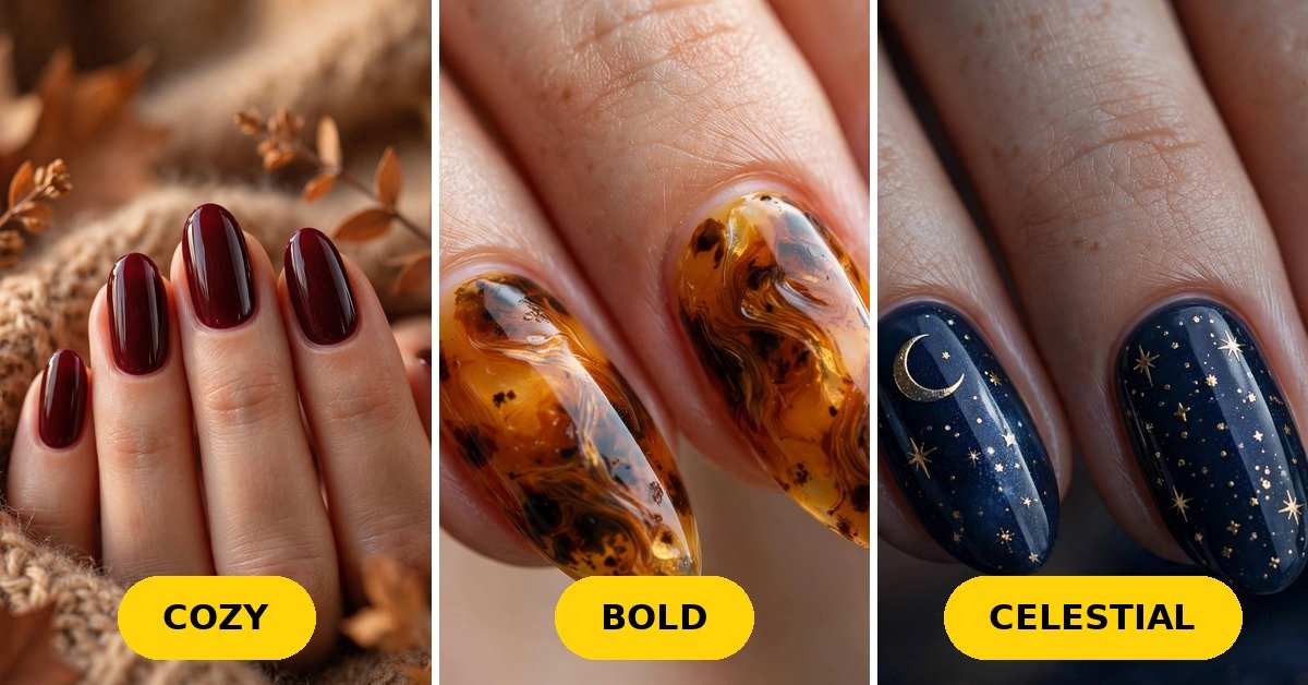Fall nail ideas featured image with burgundy tortoiseshell and celestial nail art panels