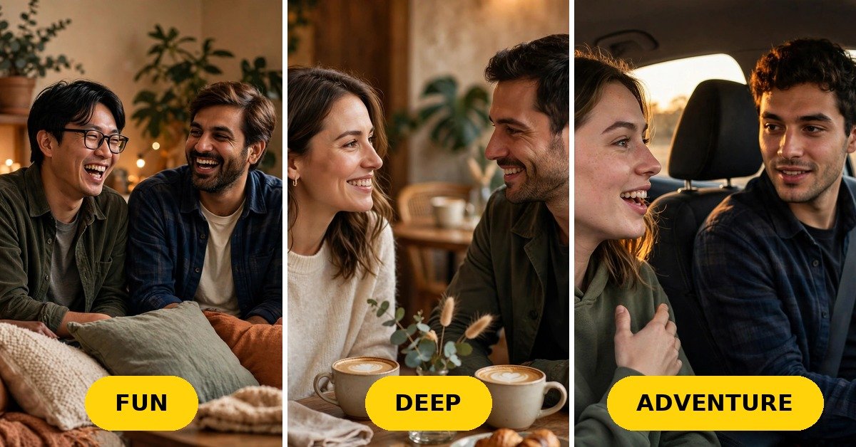 Questions to get to know someone featured image with friends and couples conversation panels